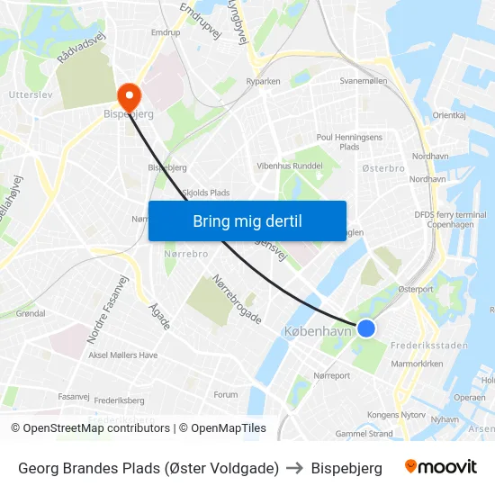Georg Brandes Plads (Øster Voldgade) to Bispebjerg map