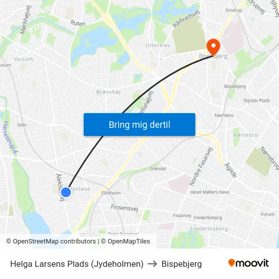 Helga Larsens Plads (Jydeholmen) to Bispebjerg map