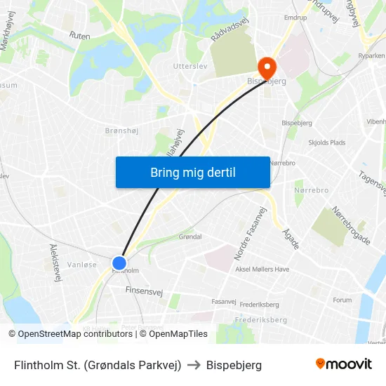 Flintholm St. (Grøndals Parkvej) to Bispebjerg map