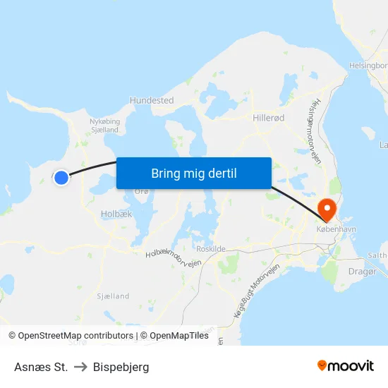 Asnæs St. to Bispebjerg map