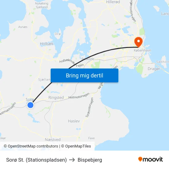 Sorø St. (Stationspladsen) to Bispebjerg map