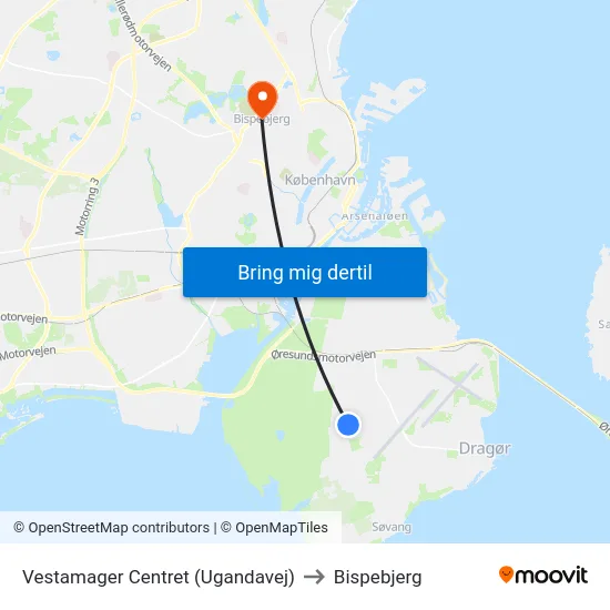 Vestamager Centret (Ugandavej) to Bispebjerg map