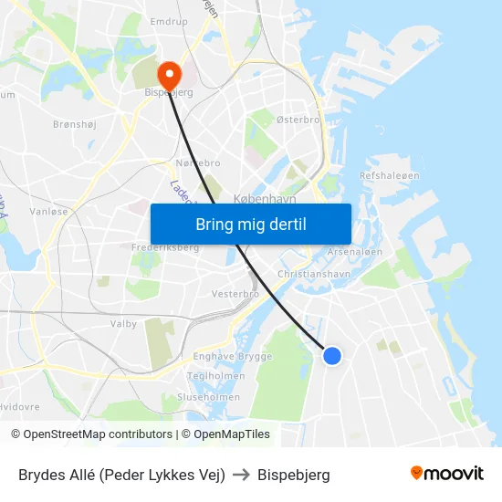 Brydes Allé (Peder Lykkes Vej) to Bispebjerg map