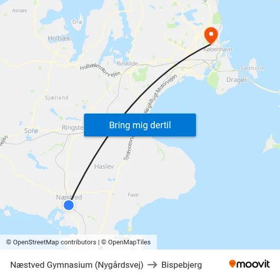 Næstved Gymnasium (Nygårdsvej) to Bispebjerg map