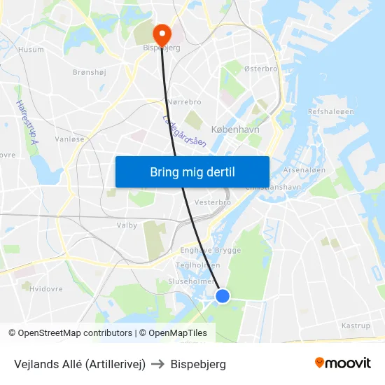Vejlands Allé (Artillerivej) to Bispebjerg map