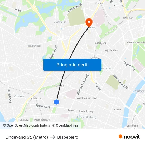Lindevang St. (Metro) to Bispebjerg map