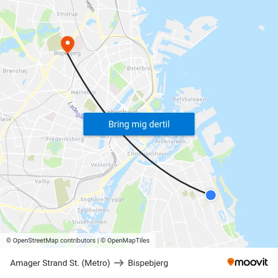 Amager Strand St. (Metro) to Bispebjerg map