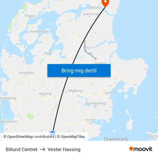 Billund Centret to Vester Hassing map