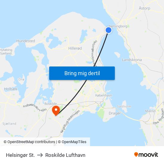 Helsingør St. to Roskilde Lufthavn map