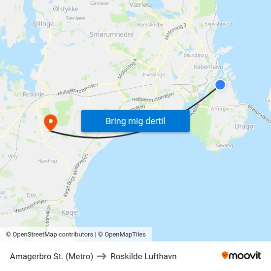 Amagerbro St. (Metro) to Roskilde Lufthavn map