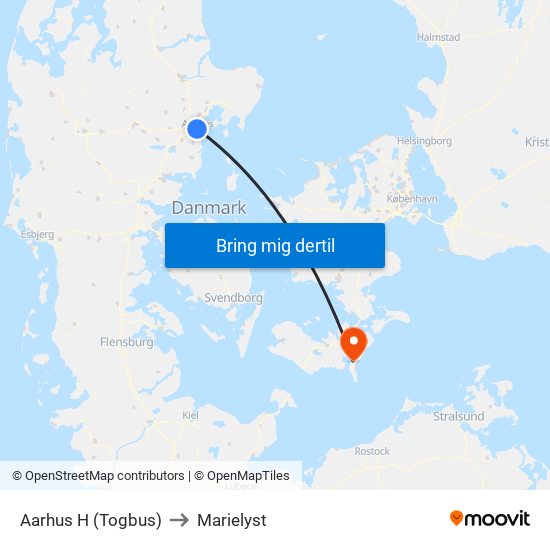 Aarhus H (Togbus) to Marielyst map