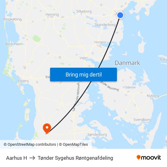 Aarhus H to Tønder Sygehus Røntgenafdeling map