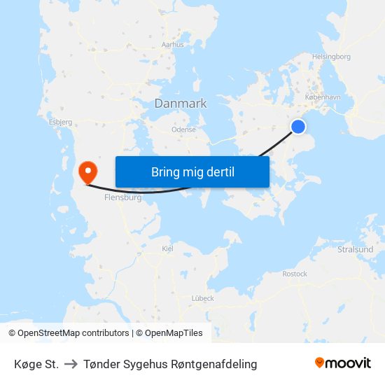 Køge St. to Tønder Sygehus Røntgenafdeling map