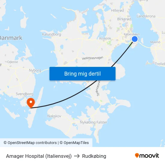 Amager Hospital (Italiensvej) to Rudkøbing map