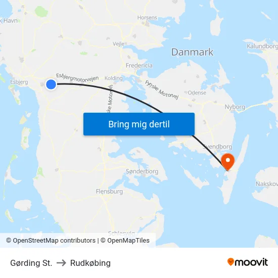 Gørding St. to Rudkøbing map
