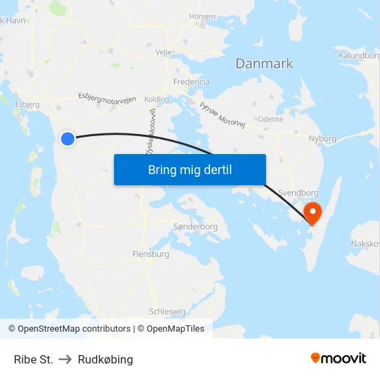 Ribe St. to Rudkøbing map