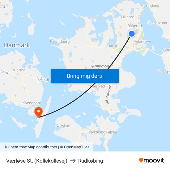 Værløse St. (Kollekollevej) to Rudkøbing map