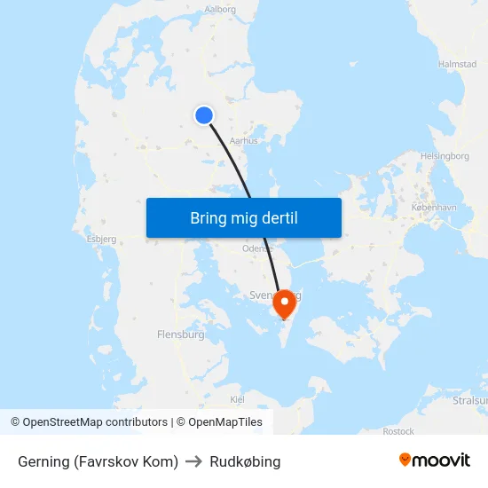Gerning (Favrskov Kom) to Rudkøbing map