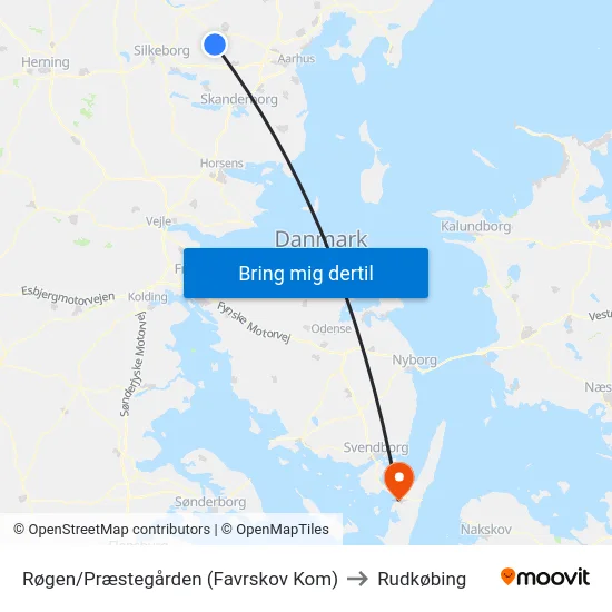 Røgen/Præstegården (Favrskov Kom) to Rudkøbing map