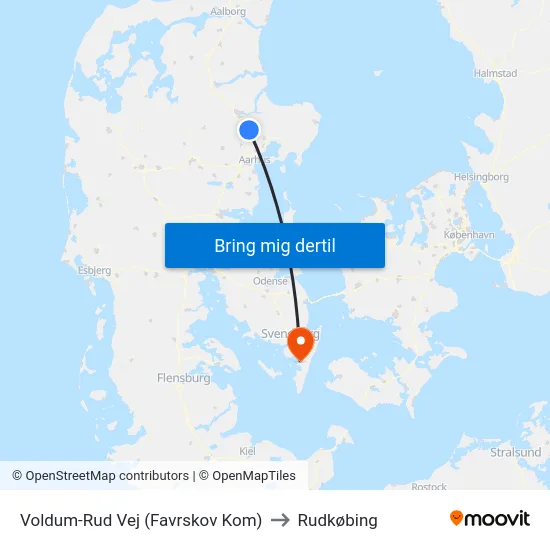 Voldum-Rud Vej (Favrskov Kom) to Rudkøbing map
