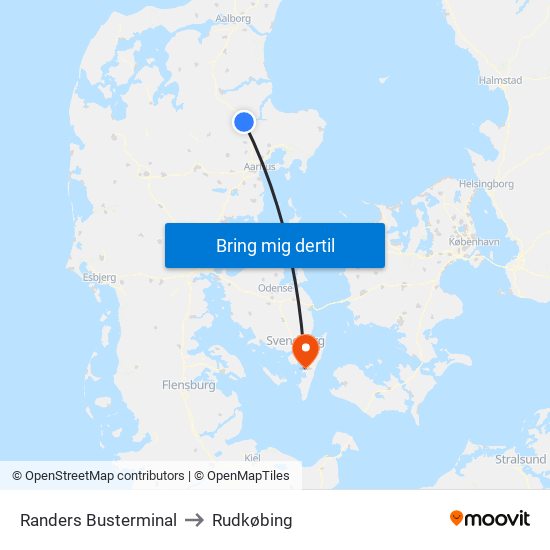 Randers Busterminal to Rudkøbing map