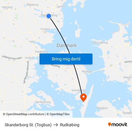 Skanderborg St. (Togbus) to Rudkøbing map