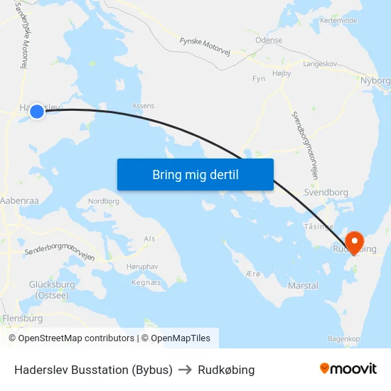 Haderslev Busstation (Bybus) to Rudkøbing map