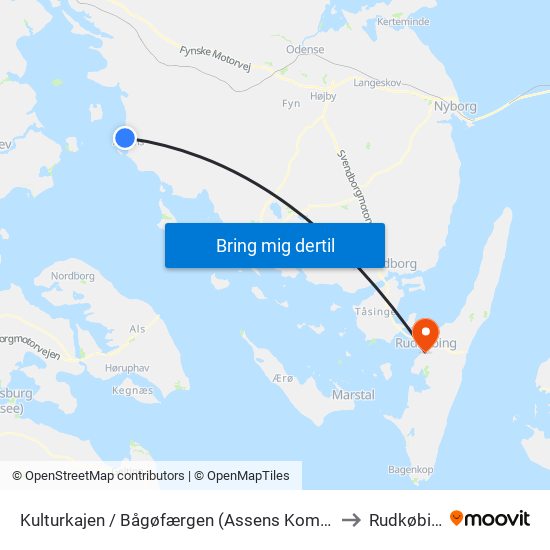 Kulturkajen / Bågøfærgen (Assens Kommune) to Rudkøbing map