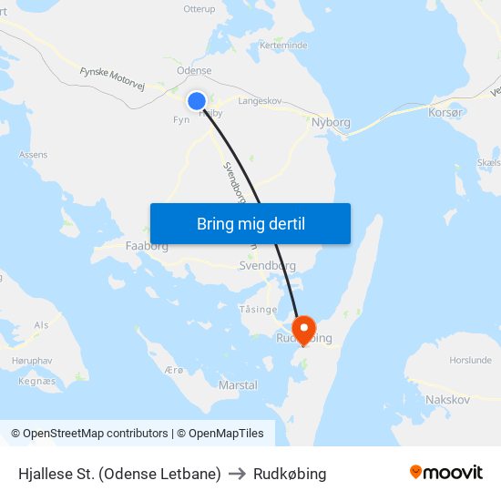 Hjallese St. (Odense Letbane) to Rudkøbing map