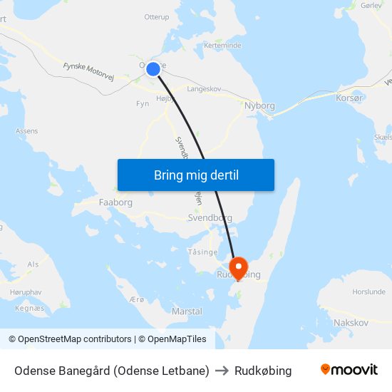 Odense Banegård (Odense Letbane) to Rudkøbing map