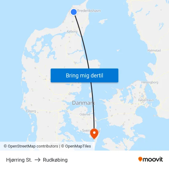 Hjørring St. to Rudkøbing map