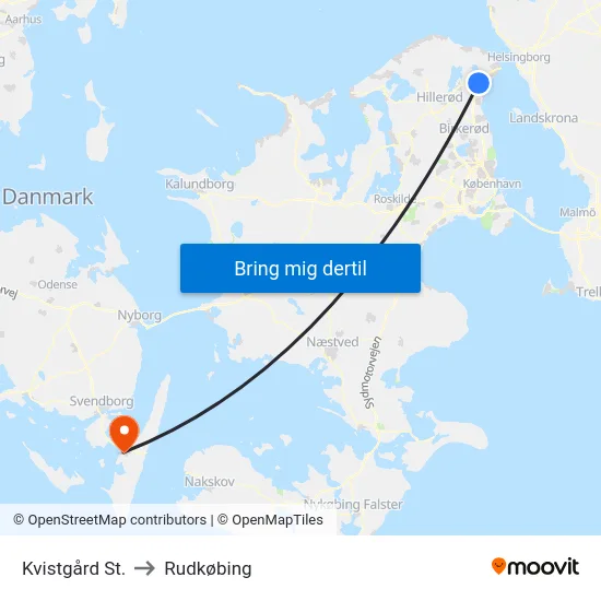 Kvistgård St. to Rudkøbing map