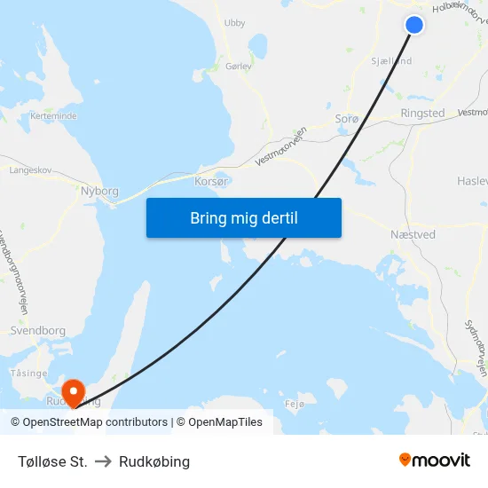 Tølløse St. to Rudkøbing map