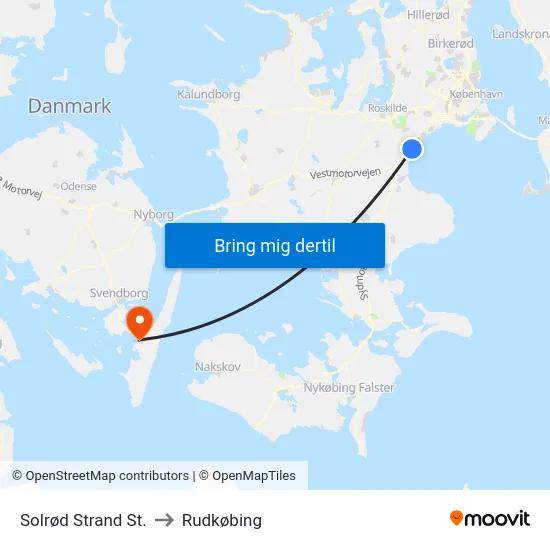 Solrød Strand St. to Rudkøbing map