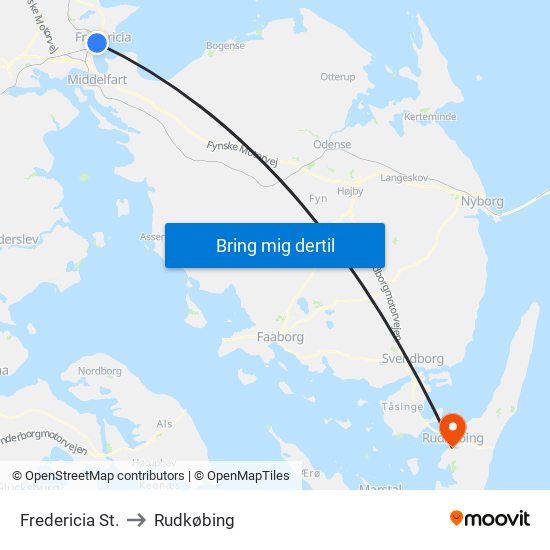 Fredericia St. to Rudkøbing map