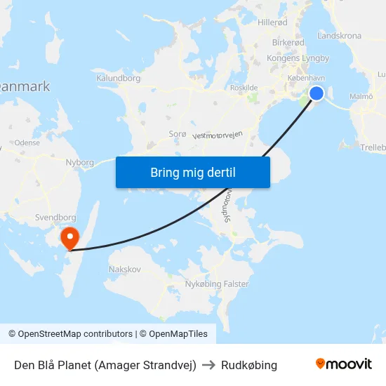 Den Blå Planet (Amager Strandvej) to Rudkøbing map