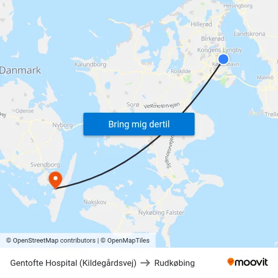 Gentofte Hospital (Kildegårdsvej) to Rudkøbing map