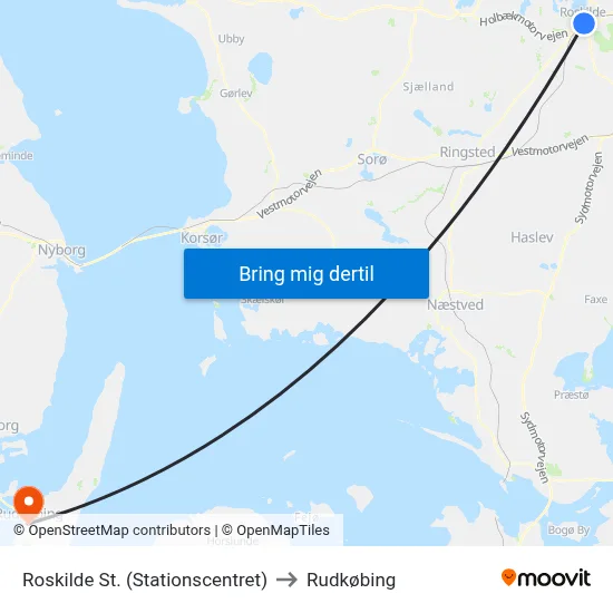 Roskilde St. (Stationscentret) to Rudkøbing map