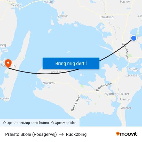 Præstø Skole (Rosagervej) to Rudkøbing map