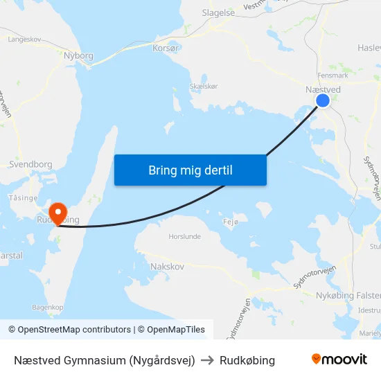 Næstved Gymnasium (Nygårdsvej) to Rudkøbing map