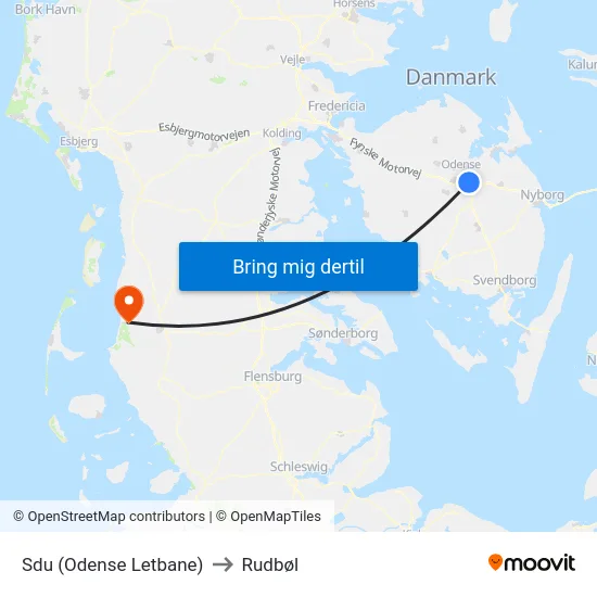 Sdu (Odense Letbane) to Rudbøl map