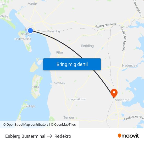 Esbjerg Busterminal to Rødekro map