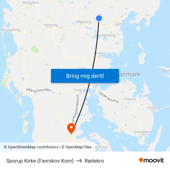 Sporup Kirke (Favrskov Kom) to Rødekro map