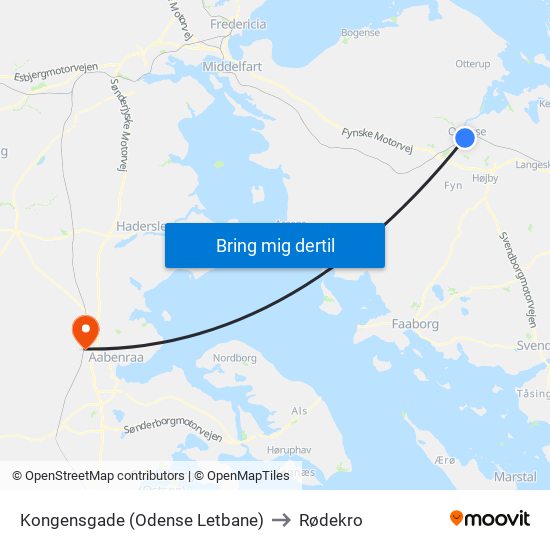 Kongensgade (Odense Letbane) to Rødekro map