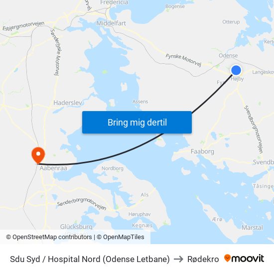 Sdu Syd / Hospital Nord (Odense Letbane) to Rødekro map