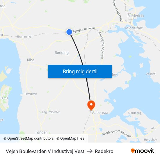 Vejen Boulevarden V Industivej Vest to Rødekro map