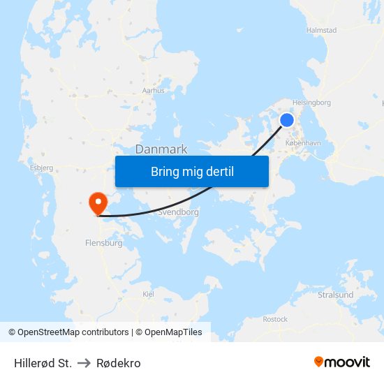 Hillerød St. to Rødekro map