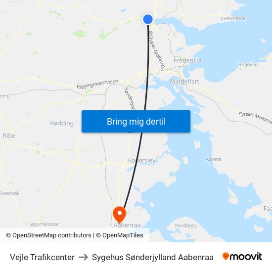 Vejle Trafikcenter to Sygehus Sønderjylland Aabenraa map