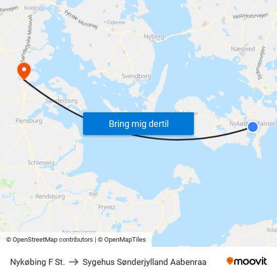 Nykøbing F St. to Sygehus Sønderjylland Aabenraa map
