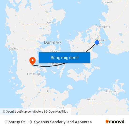 Glostrup St. to Sygehus Sønderjylland Aabenraa map